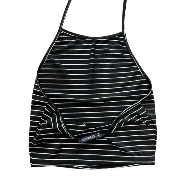 Shein Black White Stripes Halter Crop Top Tie Back Women's One Size - Picture 5 of 8